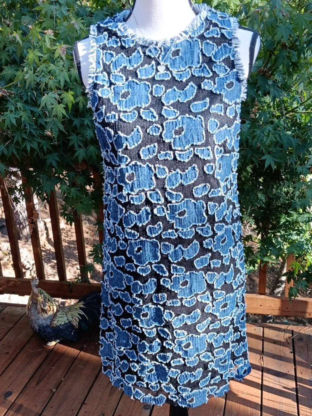Julia Jordan Blue Denim Appliqué fringe Shift Dress. Arty. Coastal Cowgirl - Picture 2 of 10